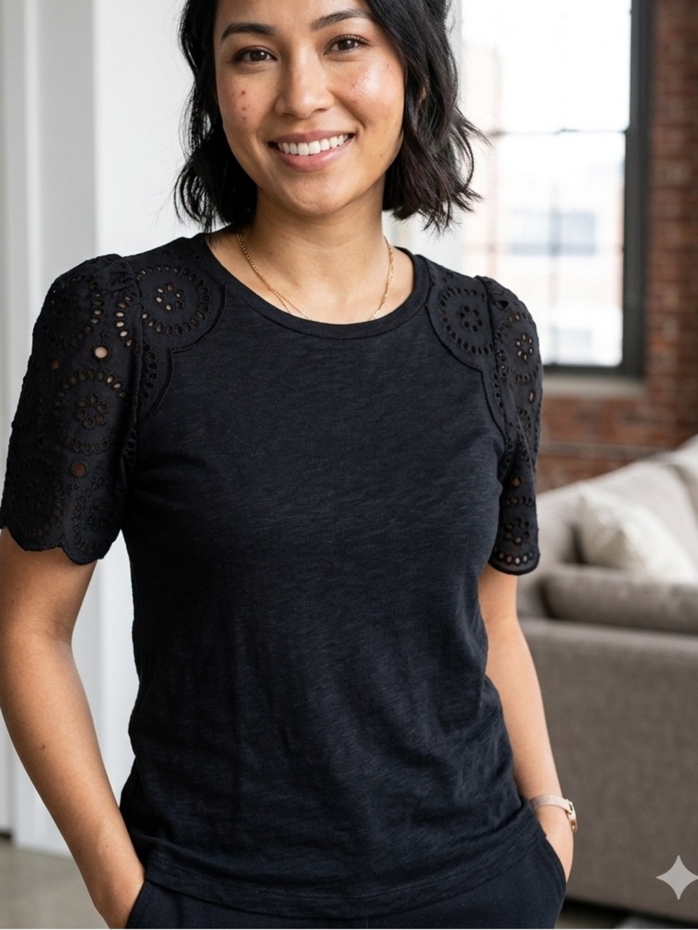 Tahari Black Eyelet Puff Sleeve Tee